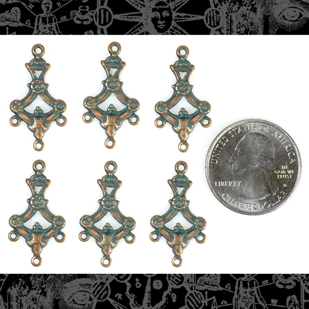 Verdigris Finished Brass Ornate Floral Branch Four Way Connectors - Set of Six - V-4C08